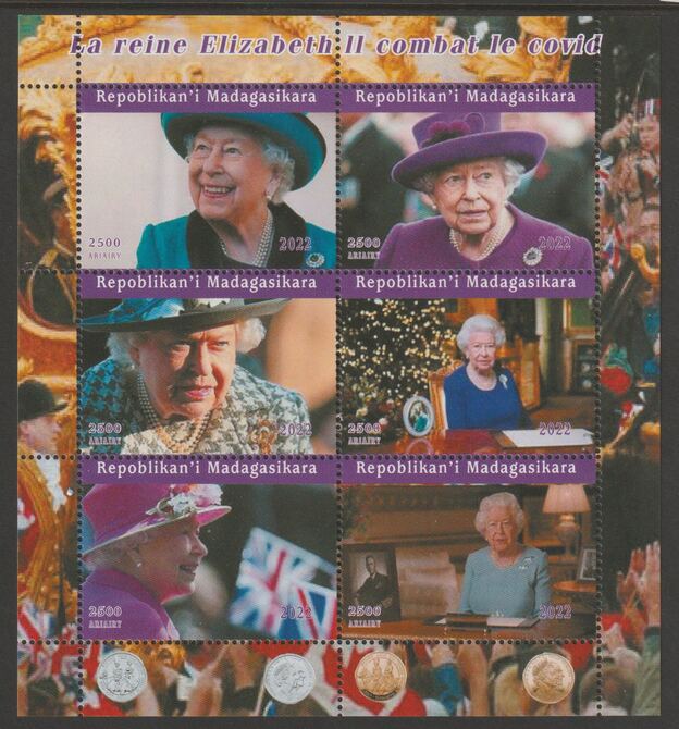 Madagascar 2022 The Queen & Covid perf sheetlet containing  set of 6 values unmounted mint, privately produced offered purely on its thematic appeal, stamps on personalities, stamps on royalty, stamps on queen, stamps on covid, stamps on diseases