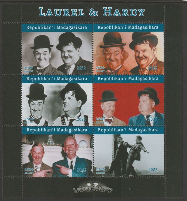 Madagascar 2022 Laurel & Hardy perf sheetlet containing  set of 6 values unmounted mint, privately produced offered purely on its thematic appeal, stamps on , stamps on  stamps on personalities, stamps on  stamps on films, stamps on  stamps on cinema, stamps on  stamps on movies, stamps on  stamps on comedy