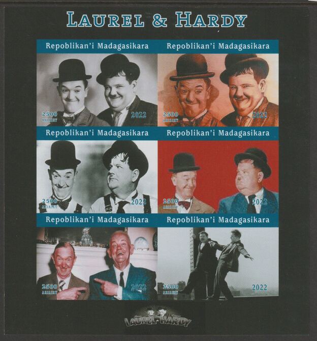 Madagascar 2022 Laurel & Hardy imperf sheetlet containing  set of 6 values unmounted mint, privately produced offered purely on its thematic appeal, stamps on , stamps on  stamps on personalities, stamps on  stamps on films, stamps on  stamps on cinema, stamps on  stamps on movies, stamps on  stamps on comedy