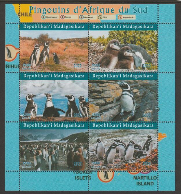 Madagascar 2022 Penguins of South Africa perf sheetlet containing  set of 6 values unmounted mint, privately produced offered purely on its thematic appeal, stamps on , stamps on  stamps on birds, stamps on  stamps on penguins