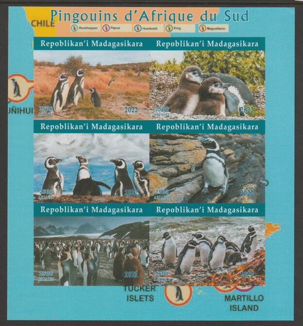 Madagascar 2022 Penguins of South Africa imperf sheetlet containing  set of 6 values unmounted mint, privately produced offered purely on its thematic appeal, stamps on , stamps on  stamps on birds, stamps on  stamps on penguins