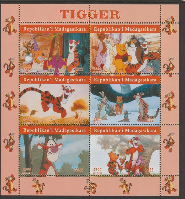 Madagascar 2022 Tigger perf sheetlet containing  set of 6 values unmounted mint, privately produced offered purely on its thematic appeal, stamps on , stamps on  stamps on films, stamps on  stamps on cinema, stamps on  stamps on movies, stamps on  stamps on tigger, stamps on  stamps on cartoons