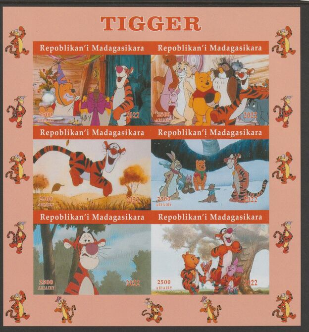 Madagascar 2022 Tigger imperf sheetlet containing  set of 6 values unmounted mint, privately produced offered purely on its thematic appeal, stamps on films, stamps on cinema, stamps on movies, stamps on tigger, stamps on cartoons