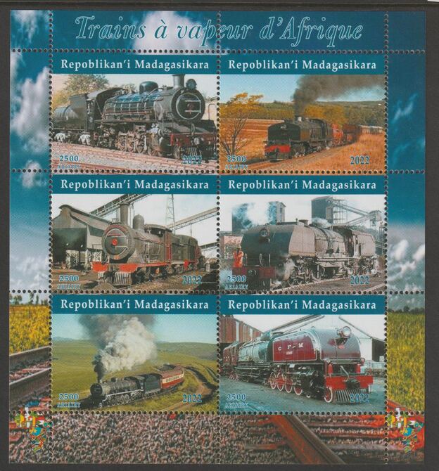 Madagascar 2022 Steam Trains of Africa #1 perf sheetlet containing  set of 6 values unmounted mint, privately produced offered purely on its thematic appeal, stamps on railways