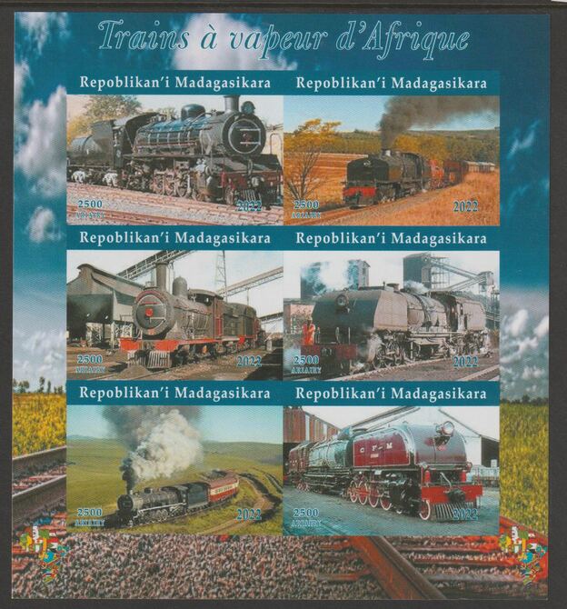 Madagascar 2022 Steam Trains of Africa #1 imperf sheetlet containing  set of 6 values unmounted mint, privately produced offered purely on its thematic appeal, stamps on railways