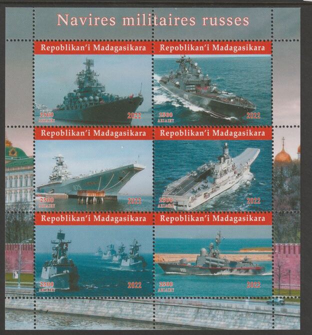 Madagascar 2022 Military Ships of Russia perf sheetlet containing  set of 6 values unmounted mint, privately produced offered purely on its thematic appeal, stamps on , stamps on  stamps on ships, stamps on  stamps on aircraft carriers, stamps on  stamps on flat tops, stamps on  stamps on 