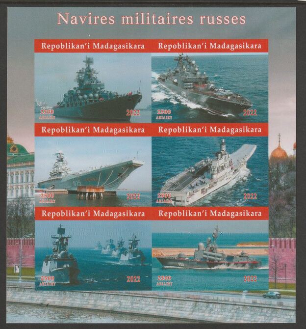 Madagascar 2022 Military Ships of Russia imperf sheetlet containing  set of 6 values unmounted mint, privately produced offered purely on its thematic appeal, stamps on , stamps on  stamps on ships, stamps on  stamps on aircraft carriers, stamps on  stamps on flat tops, stamps on  stamps on 