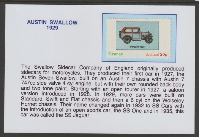 Grunay 1982 Early Cars - Austin Swallow 1929 mounted on glossy card with descriptive notes - privately produced 150mm x 100mm, stamps on cars, stamps on austin