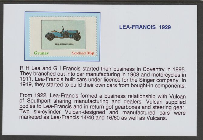Grunay 1982 Early Cars - Lea-Francis 1929 mounted on glossy card with descriptive notes - privately produced 150mm x 100mm, stamps on cars, stamps on lea-francis