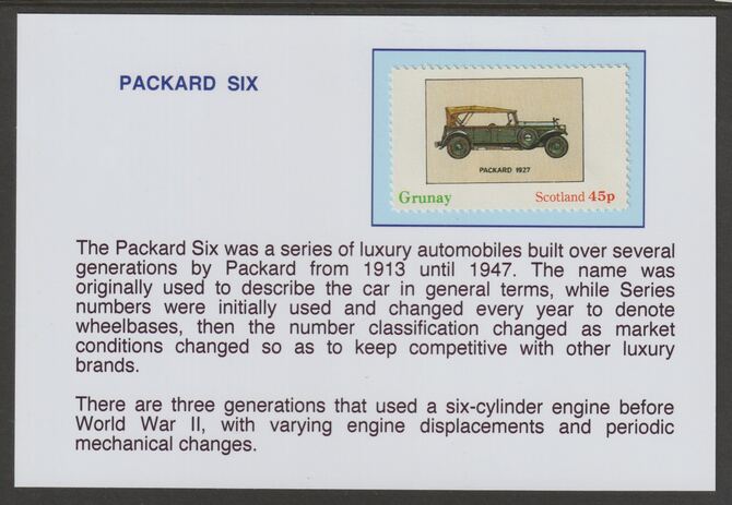 Grunay 1982 Early Cars - Packard Six mounted on glossy card with descriptive notes - privately produced 150mm x 100mm, stamps on cars, stamps on packard