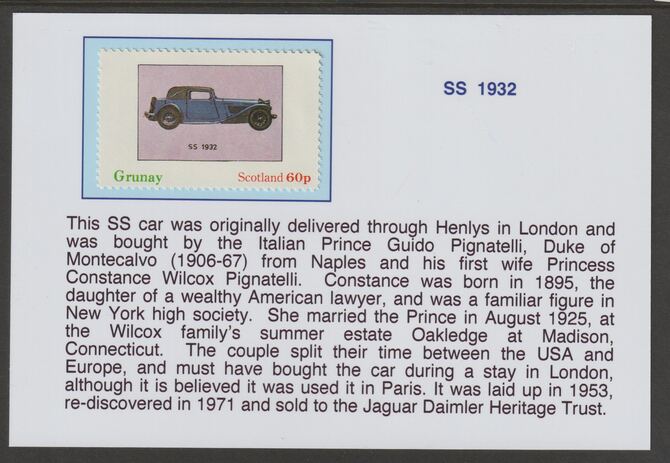Grunay 1982 Early Cars - SS 1932 mounted on glossy card with descriptive notes - privately produced 150mm x 100mm, stamps on cars, stamps on  ss , stamps on 