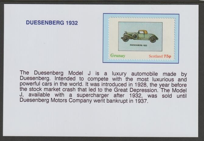 Grunay 1982 Early Cars - Duesenberg 1932 mounted on glossy card with descriptive notes - privately produced 150mm x 100mm, stamps on cars, stamps on duesenberg
