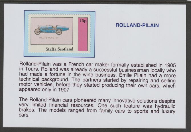 Staffa 1982 Early Racing Cars - 1923 Rolland-Pilain 15p mounted on glossy card with historical notes - privately produced 150mm x 100mm, stamps on cars, stamps on rolland, stamps on  f1 , stamps on formula !, stamps on 