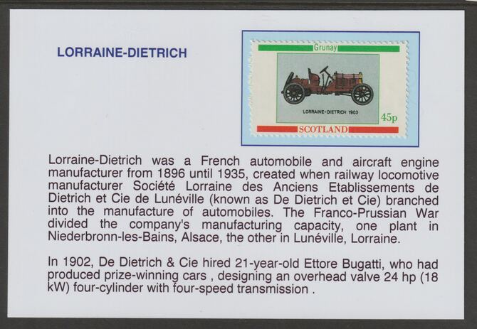 Grunay 1982 Vintage Cars - 1903 Lorraine-Dietrich 45p mounted on glossy card with historical notes - privately produced 150mm x 100mm, stamps on , stamps on  stamps on cars, stamps on  stamps on lorraine, stamps on  stamps on 