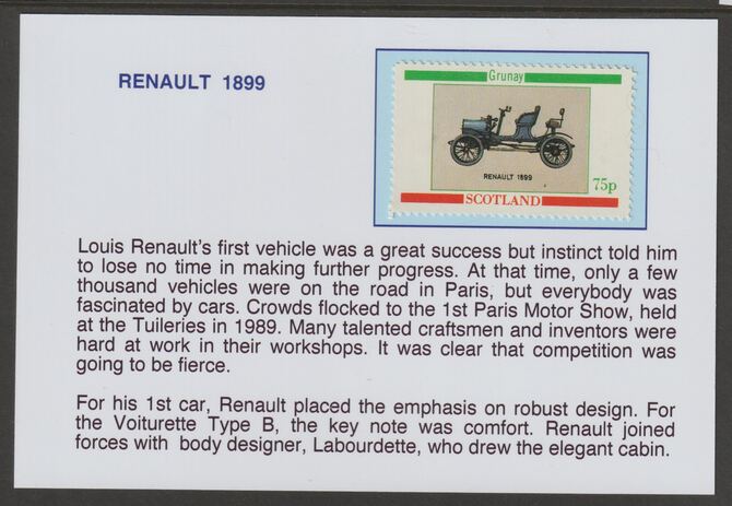 Grunay 1982 Vintage Cars - 1899 Renault 75p mounted on glossy card with historical notes - privately produced 150mm x 100mm, stamps on , stamps on  stamps on cars, stamps on  stamps on renault, stamps on  stamps on 