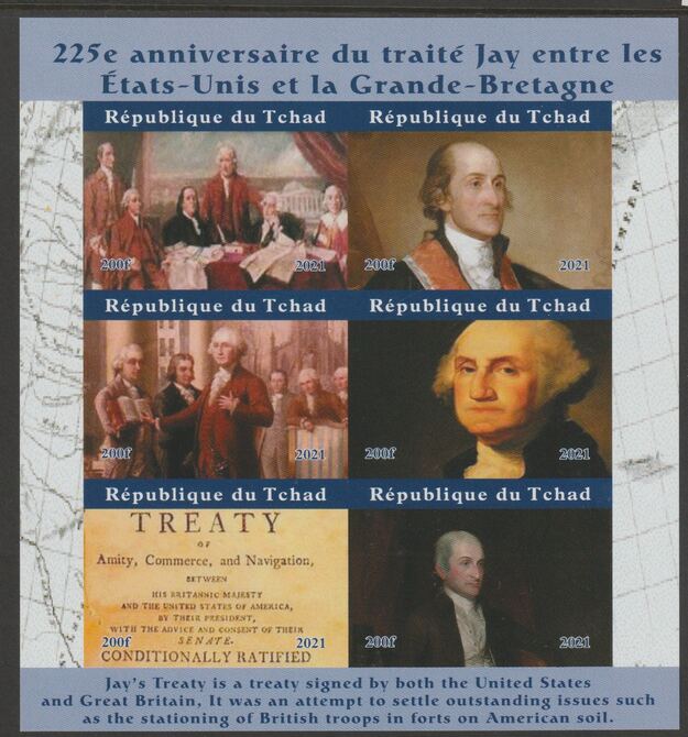 Chad 2021 225th Anniversary of Jay Treaty between United States & Great Britain perf sheetlet containing  set of 6 values unmounted mint, privately produced offered purel..., stamps on constitutions, stamps on americana, stamps on washington