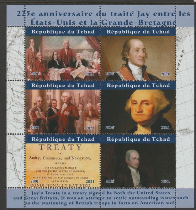 Chad 2021 225th Anniversary of Jay Treaty between United States & Great Britain imperf sheetlet containing  set of 6 values unmounted mint, privately produced offered pur..., stamps on constitutions, stamps on americana, stamps on washington