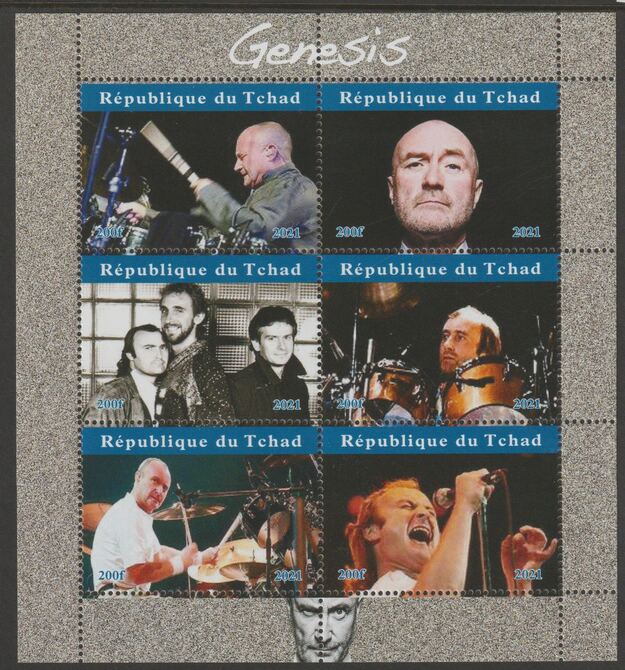 Chad 2021 Genesis perf sheetlet containing  set of 6 values unmounted mint, privately produced offered purely on its thematic appeal, stamps on personalities, stamps on pops, stamps on music, stamps on rock, stamps on genesis