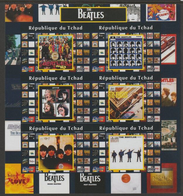 Chad 2021 Beatles #1 (Album Covers) imperf sheetlet containing  set of 6 values unmounted mint, privately produced offered purely on its thematic appeal, stamps on , stamps on  stamps on personalities, stamps on  stamps on pops, stamps on  stamps on music, stamps on  stamps on rock, stamps on  stamps on beatles