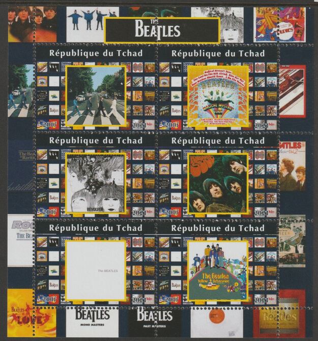 Chad 2021 Beatles #2 (Album Covers) perf sheetlet containing  set of 6 values unmounted mint, privately produced offered purely on its thematic appeal, stamps on , stamps on  stamps on personalities, stamps on  stamps on pops, stamps on  stamps on music, stamps on  stamps on rock, stamps on  stamps on beatles