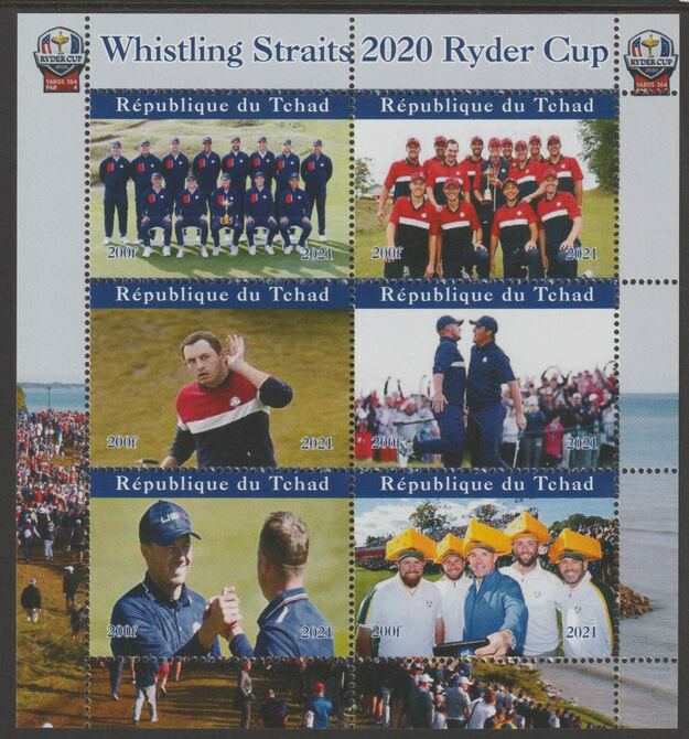 Chad 2021 The Ryder Cup at Whistling Straits perf sheetlet containing  set of 6 values unmounted mint, privately produced offered purely on its thematic appeal, stamps on sport, stamps on golf