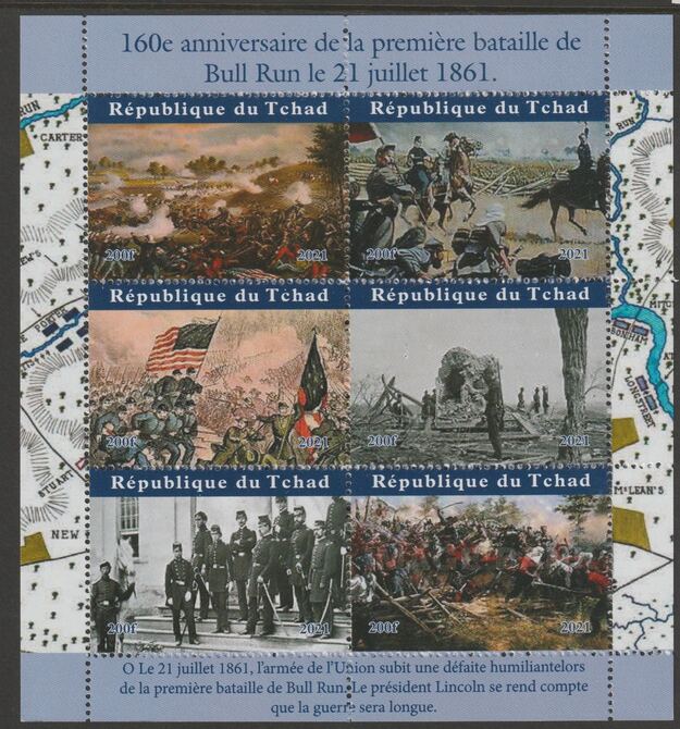 Chad 2021 160th Anniversary of First Battle of Bull Run perf sheetlet containing  set of 6 values unmounted mint, privately produced offered purely on its thematic appeal, stamps on , stamps on  stamps on constitutions, stamps on  stamps on americana, stamps on  stamps on wasbattles, stamps on  stamps on militaria