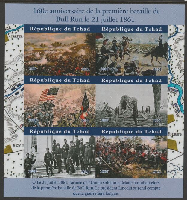 Chad 2021 160th Anniversary of First Battle of Bull Run imperf sheetlet containing  set of 6 values unmounted mint, privately produced offered purely on its thematic appeal, stamps on constitutions, stamps on americana, stamps on wasbattles, stamps on militaria