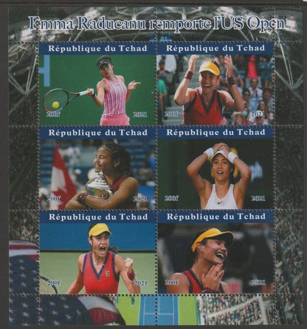 Chad 2021 Emma Raducanu Wins US Open perf sheetlet containing  set of 6 values unmounted mint, privately produced offered purely on its thematic appeal, stamps on , stamps on  stamps on sport, stamps on  stamps on tennis