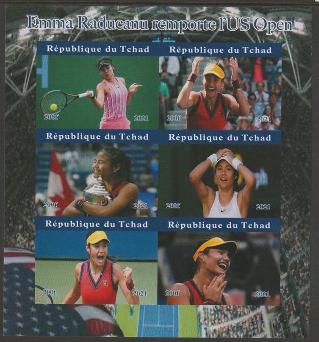 Chad 2021 Emma Raducanu Wins US Open imperf sheetlet containing  set of 6 values unmounted mint, privately produced offered purely on its thematic appeal, stamps on sport, stamps on tennis