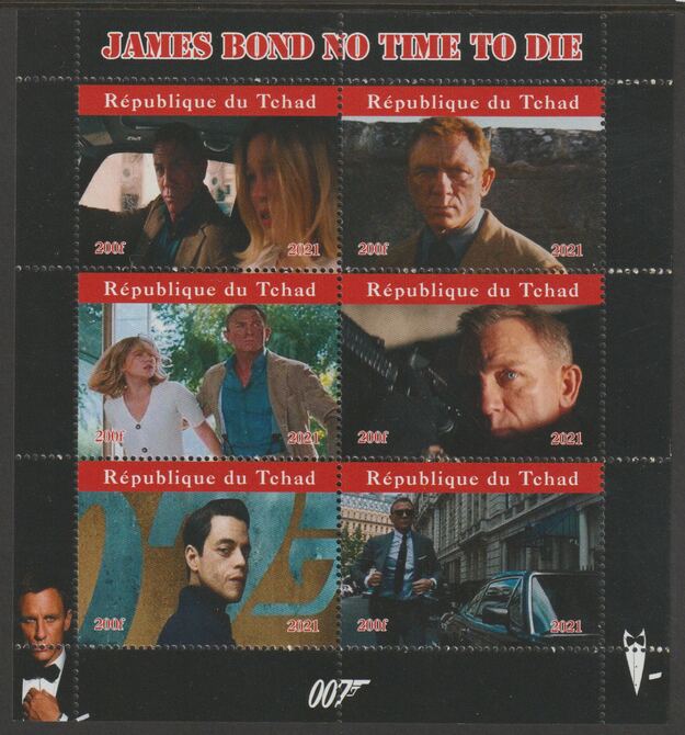 Chad 2021 James Bond - No Time to Die #1 perf sheetlet containing  set of 6 values unmounted mint, privately produced offered purely on its thematic appeal, stamps on , stamps on  stamps on films, stamps on  stamps on movies, stamps on  stamps on cinema, stamps on  stamps on bond, stamps on  stamps on  spy , stamps on  stamps on 