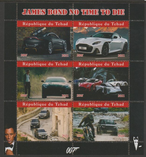 Chad 2021 James Bond - Cars in No Time to Die #2 perf sheetlet containing  set of 6 values unmounted mint, privately produced offered purely on its thematic appeal, stamps on , stamps on  stamps on films, stamps on  stamps on movies, stamps on  stamps on cinema, stamps on  stamps on bond, stamps on  stamps on  spy , stamps on  stamps on cars, stamps on  stamps on motorbikes