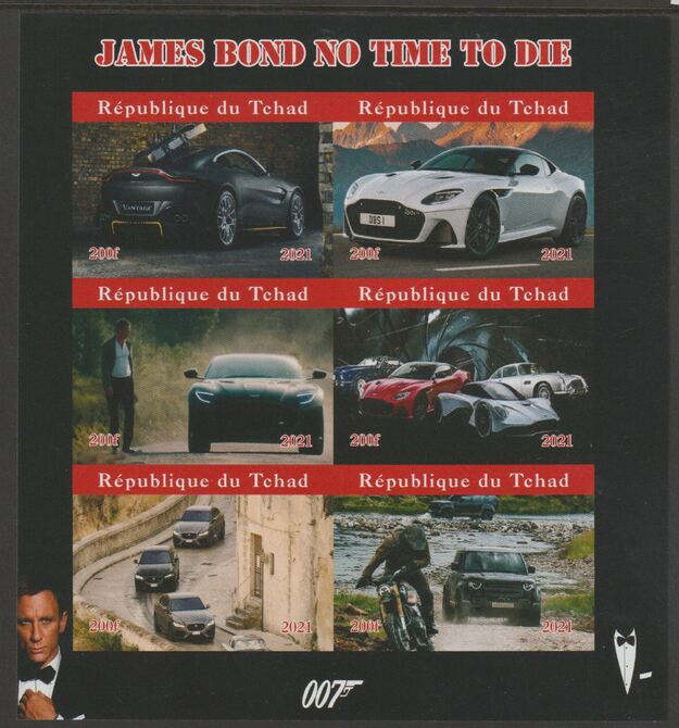 Chad 2021 James Bond - Cars in No Time to Die #2 imperf sheetlet containing  set of 6 values unmounted mint, privately produced offered purely on its thematic appeal, stamps on films, stamps on movies, stamps on cinema, stamps on bond, stamps on  spy , stamps on cars, stamps on motorbikes