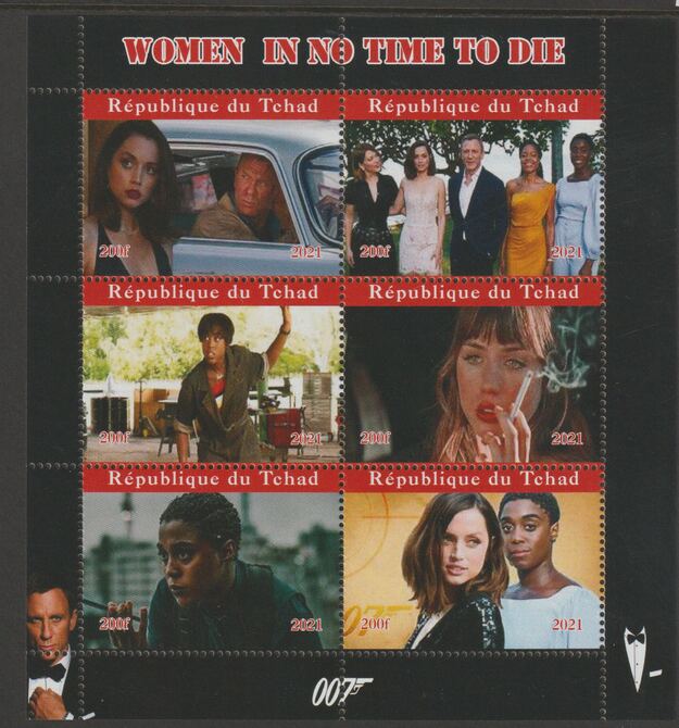 Chad 2021 James Bond - Women in No Time to Die #3 perf sheetlet containing  set of 6 values unmounted mint, privately produced offered purely on its thematic appeal, stamps on , stamps on  stamps on films, stamps on  stamps on movies, stamps on  stamps on cinema, stamps on  stamps on bond, stamps on  stamps on  spy , stamps on  stamps on women, stamps on  stamps on 