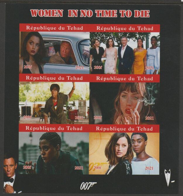 Chad 2021 James Bond - Women in No Time to Die #3 imperf sheetlet containing  set of 6 values unmounted mint, privately produced offered purely on its thematic appeal, stamps on films, stamps on movies, stamps on cinema, stamps on bond, stamps on  spy , stamps on women, stamps on 