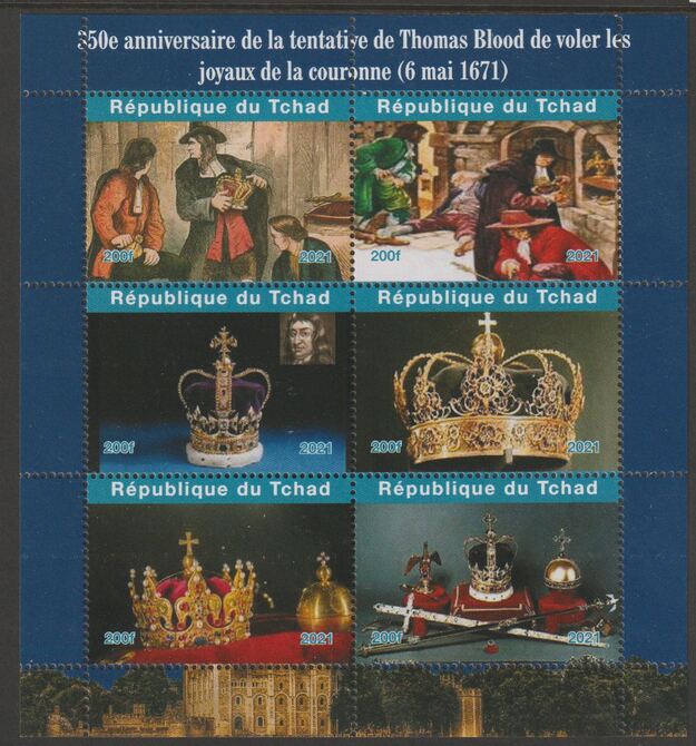 Chad 2021 350th Anniversary of Thomas Blood's Attempt to Steal the Crown Jewels perf sheetlet containing  set of 6 values unmounted mint, privately produced offered purely on its thematic appeal, stamps on , stamps on  stamps on royalty, stamps on  stamps on jewellry