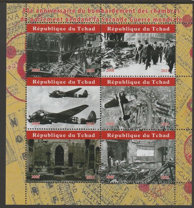 Chad 2021 80th Anniversary of Bombing Raid on Houses of Parliament during WW2 perf sheetlet containing  set of 6 values unmounted mint, privately produced offered purely on its thematic appeal, stamps on buildings, stamps on constitutions, stamps on aviation, stamps on churchill, stamps on  ww2 , stamps on 
