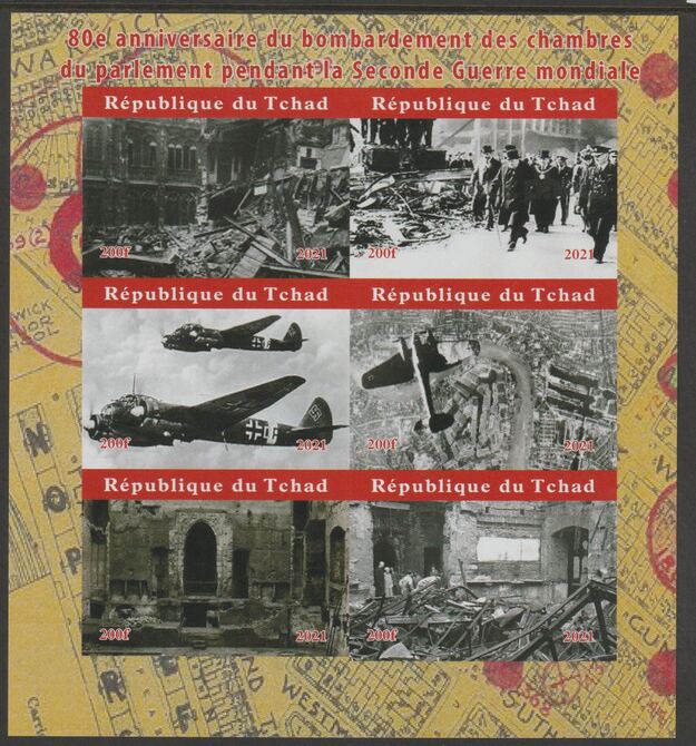 Chad 2021 80th Anniversary of Bombing Raid on Houses of Parliament during WW2 imperf sheetlet containing  set of 6 values unmounted mint, privately produced offered purely on its thematic appeal, stamps on , stamps on  stamps on buildings, stamps on  stamps on constitutions, stamps on  stamps on aviation, stamps on  stamps on churchill, stamps on  stamps on  ww2 , stamps on  stamps on 