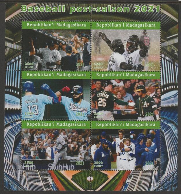 Madagascar 2021 Baseball Post Season perf sheetlet containing  set of 6 values unmounted mint, privately produced offered purely on its thematic appeal, stamps on sport, stamps on baseball