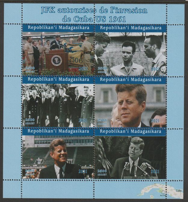 Madagascar 2021 Kennedy & Bay of Pigs perf sheetlet containing  set of 6 values unmounted mint, privately produced offered purely on its thematic appeal, stamps on constitutions, stamps on americana, stamps on militaria, stamps on kennedy, stamps on usa presidents