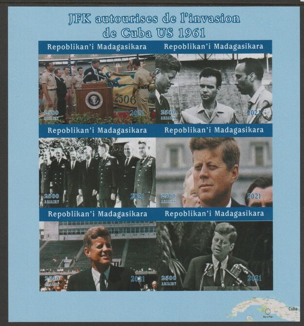 Madagascar 2021 Kennedy & Bay of Pigs imperf sheetlet containing  set of 6 values unmounted mint, privately produced offered purely on its thematic appeal, stamps on constitutions, stamps on americana, stamps on militaria, stamps on kennedy, stamps on usa presidents