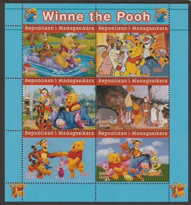 Madagascar 2021 Winnie The Pooh perf sheetlet containing  set of 6 values unmounted mint, privately produced offered purely on its thematic appeal, stamps on films, stamps on cinema, stamps on movies, stamps on disney, stamps on pooh, stamps on cartoons, stamps on bears