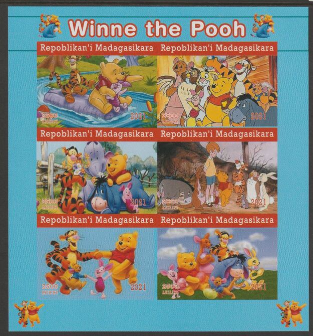 Madagascar 2021 Winnie The Pooh imperf sheetlet containing  set of 6 values unmounted mint, privately produced offered purely on its thematic appeal, stamps on films, stamps on cinema, stamps on movies, stamps on disney, stamps on pooh, stamps on cartoons, stamps on bears