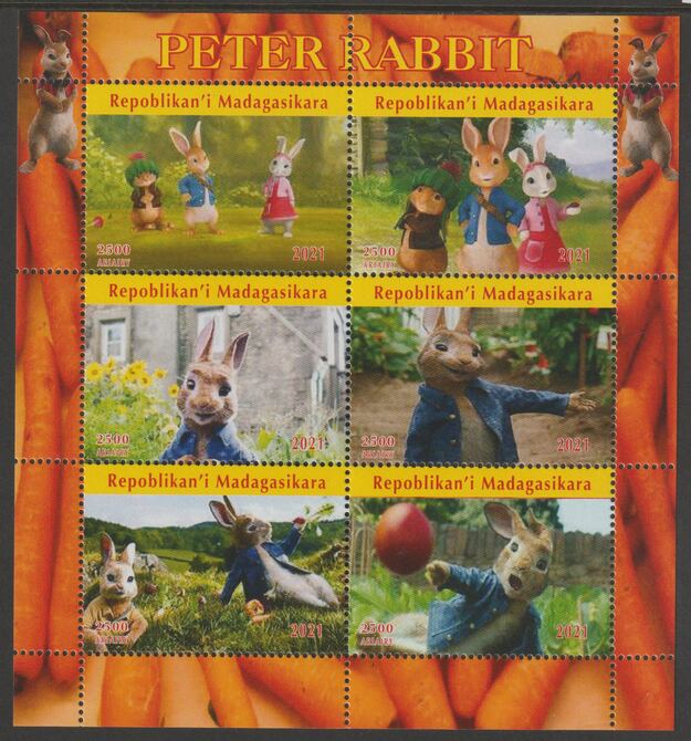 Madagascar 2021 Peter Rabbit perf sheetlet containing  set of 6 values unmounted mint, privately produced offered purely on its thematic appeal, stamps on , stamps on  stamps on films, stamps on  stamps on cinema, stamps on  stamps on movies, stamps on  stamps on rabbits, stamps on  stamps on cartoons