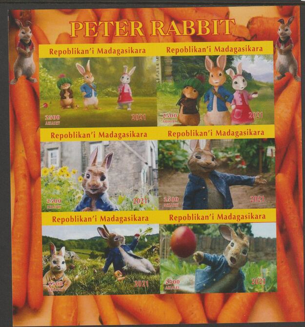 Madagascar 2021 Peter Rabbit imperf sheetlet containing  set of 6 values unmounted mint, privately produced offered purely on its thematic appeal, stamps on , stamps on  stamps on films, stamps on  stamps on cinema, stamps on  stamps on movies, stamps on  stamps on rabbits, stamps on  stamps on cartoons