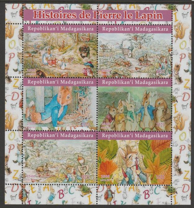 Madagascar 2021 History of Peter Rabbit perf sheetlet containing  set of 6 values unmounted mint, privately produced offered purely on its thematic appeal, stamps on films, stamps on cinema, stamps on movies, stamps on rabbits, stamps on cartoons