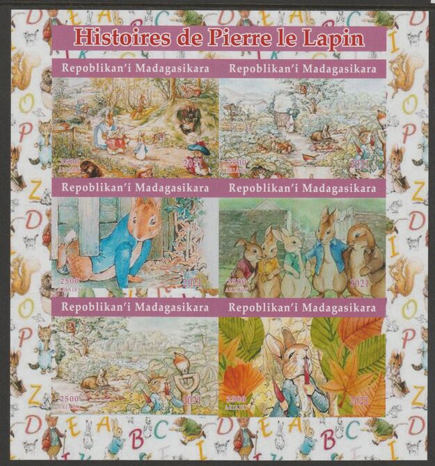 Madagascar 2021 History of Peter Rabbit imperf sheetlet containing  set of 6 values unmounted mint, privately produced offered purely on its thematic appeal, stamps on , stamps on  stamps on films, stamps on  stamps on cinema, stamps on  stamps on movies, stamps on  stamps on rabbits, stamps on  stamps on cartoons