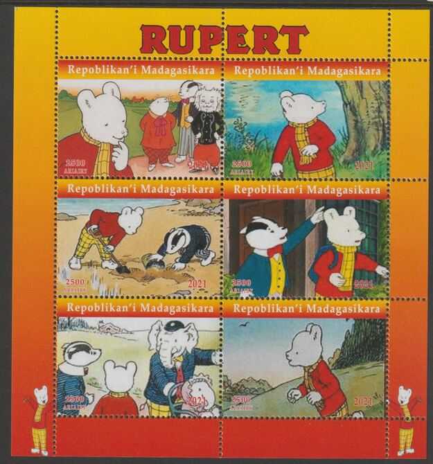 Madagascar 2021 Rupert perf sheetlet containing  set of 6 values unmounted mint, privately produced offered purely on its thematic appeal, stamps on films, stamps on cinema, stamps on movies, stamps on rupert, stamps on cartoons, stamps on bears