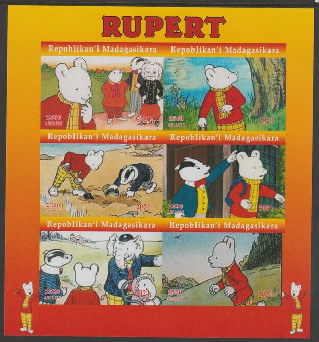Madagascar 2021 Rupert imperf sheetlet containing  set of 6 values unmounted mint, privately produced offered purely on its thematic appeal, stamps on films, stamps on cinema, stamps on movies, stamps on rupert, stamps on cartoons, stamps on bears