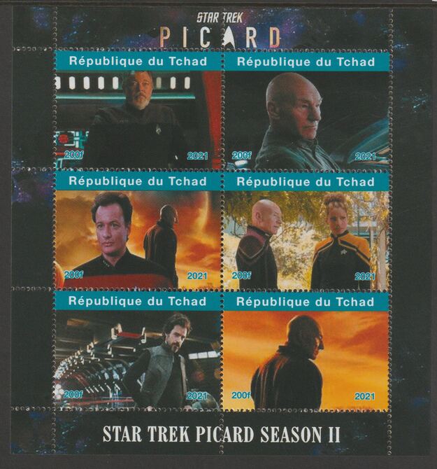 Chad 2022 Star Trek Picard perf sheetlet containing  set of 6 values unmounted mint, privately produced offered purely on its thematic appeal, stamps on films, stamps on cinema, stamps on movies, stamps on star trek, stamps on picard, stamps on sci-fi