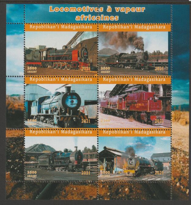 Madagascar 2022 Steam Trains of Africa #2 perf sheetlet containing  set of 6 values unmounted mint, privately produced offered purely on its thematic appeal, stamps on , stamps on  stamps on railways